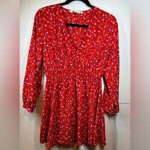 Zara Red Floral Long Sleeve Skater V-neck Mini Dress Size Small